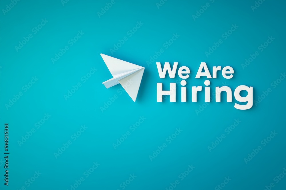 This image features a blue background with a 3D paper airplane graphic next to the text 'We Are Hiring', perfect for visually appealing job recruitment advertisements.