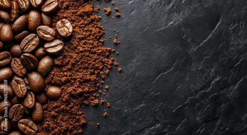 Dark roasted coffee beans and grounds on a textured black surface in a cozy k...