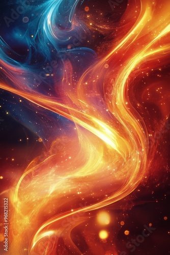 Vibrant swirling patterns of orange and blue create a dynamic abstract compos...