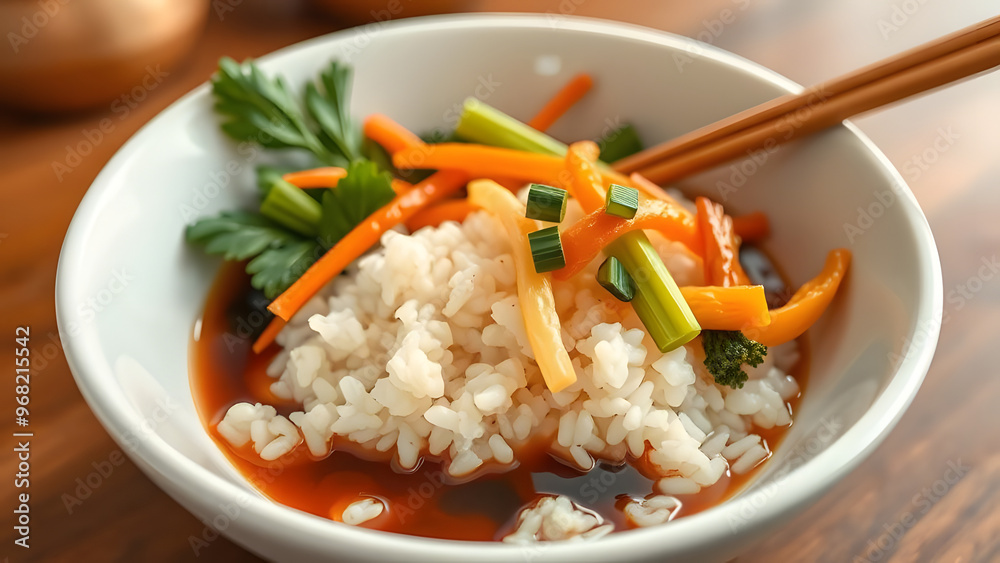Delicious rice bowl topped with colorful vegetables on a wooden table Delicious rice bowl topped with colorful vegetables on a wooden table