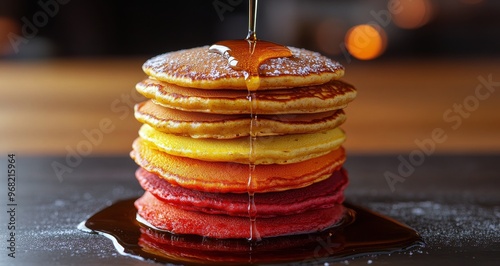 Vibrantly stacked pancakes drizzled with syrup on a neutral background for br...