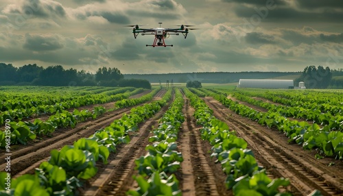 A drone flying over a lush green field, showcasing modern agricultural technology and crop management techniques under a cloudy sky.