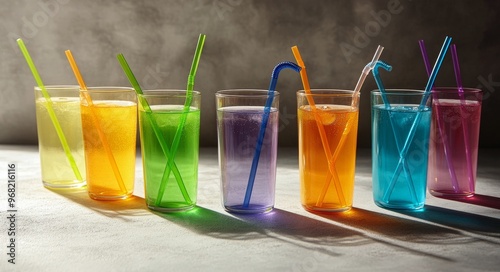 Colorful assortment of drinks in clear glasses with striped straws arranged i...
