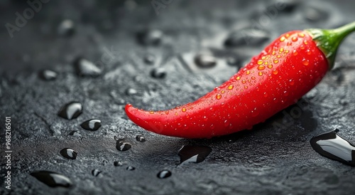 Fresh red chili pepper glistening with water droplets on a dark surface in th...
