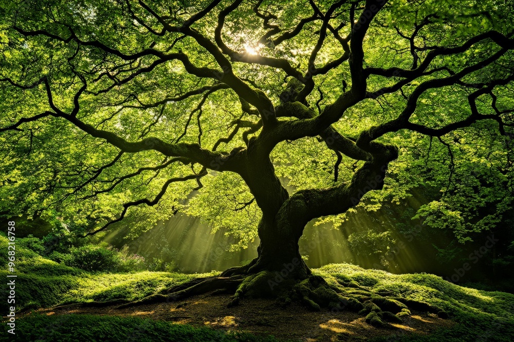 A beautifully sunlit tree showcases its spreading branches and lush green leaves, with sunlight streaming through, providing an awe-inspiring view of nature's splendor. A beautifully sunlit tree showcases its spreading branches and lush green leaves, with sunlight streaming through, providing an awe-inspiring view of nature's splendor.