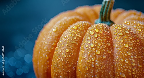 Vibrant orange pumpkin glistening with water droplets against a dark background