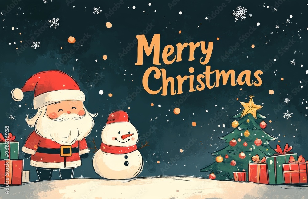 Obraz premium Cheerful Santa Claus celebrating Christmas beside a decorated tree with gifts on a snowy night