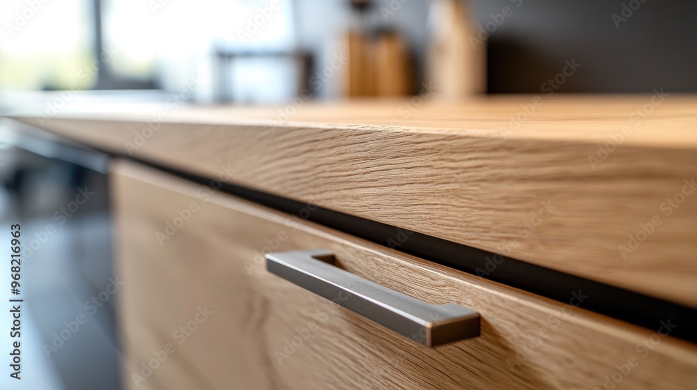 Closeup of Kitchen Cabinet with Wooden Top and Silver Handle Closeup of Kitchen Cabinet with Wooden Top and Silver Handle