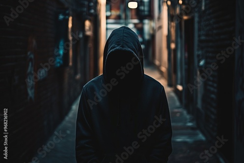 A dark, moody photograph of an unknown hooded figure standing anonymously in a dimly lit urban alleyway, invoking feelings of mystery, secrecy, solitude and contemplation.