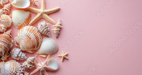 Colorful seashells and starfish arranged artistically on a soft pink background