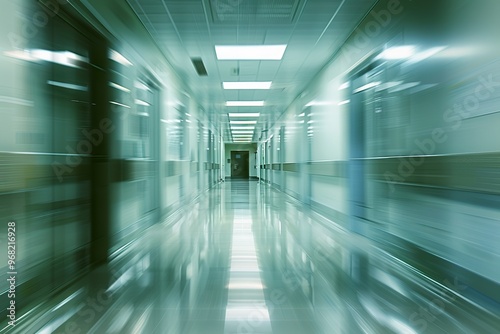 A hallway with a blurry background and a light shining on the floor,