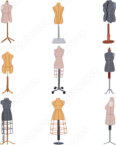 mannequin tailor set cartoon. garment dressform, alterations bespoke, couture stitching mannequin tailor sign. isolated symbol vector illustration