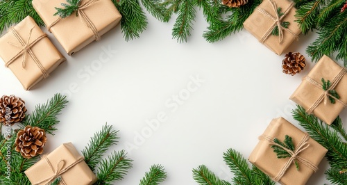 Festively wrapped gifts surrounded by pine branches and cones for a holiday c...