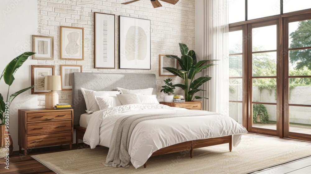 Modern Bedroom with White Bed and Wooden Nightstand Modern Bedroom with White Bed and Wooden Nightstand