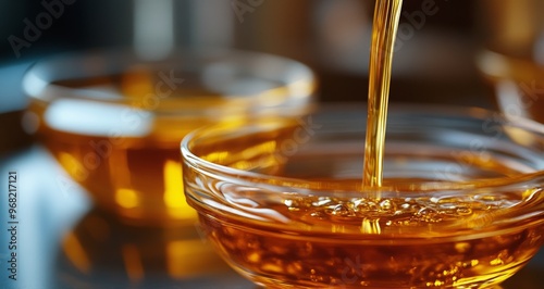 Golden syrup being poured into small glass bowls on a reflective surface near...