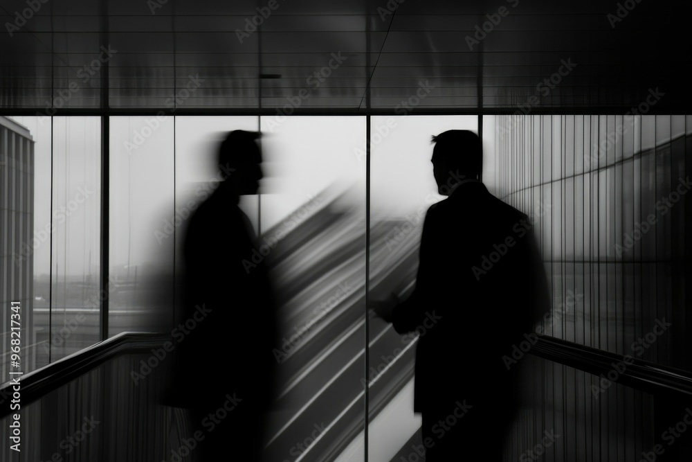 Fototapeta premium Two Silhouettes In Blurred Motion Stand By A Window In A Modern Building