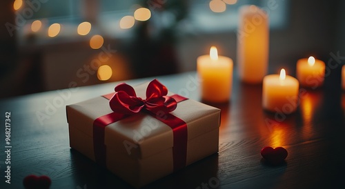 Romantic gift wrapped in brown paper with red ribbon on a candlelit table dec...