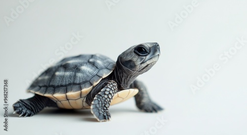 A young turtle exploring its environment on a light background in a serene se...