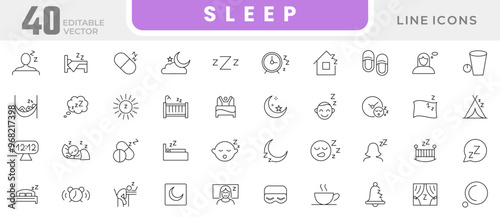 Sleep line icon collection. Sleeping, bedroom, dream, pillow, bed, alarm clock, disorders, insomnia, night and rest icon set. UI outline icon pack