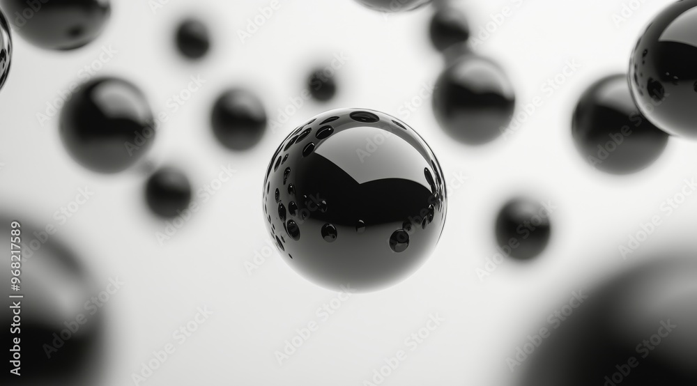 Floating black spheres create a modern minimalist art display in bright indoor setting Floating black spheres create a modern minimalist art display in bright indoor setting