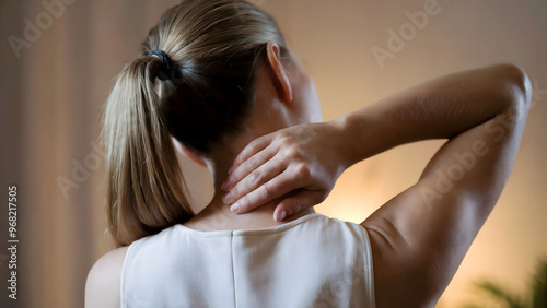 Woman with tied-back hair holding her neck from behind, experiencing neck tension or discomfort, dressed in a sleeveless top