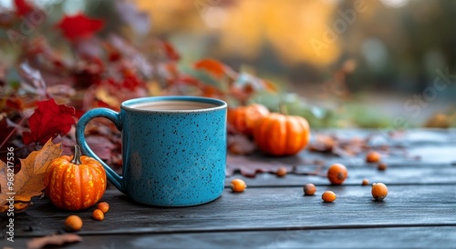 A cozy autumn morning with a blue mug of coffee, pumpkins, and fallen leaves ...