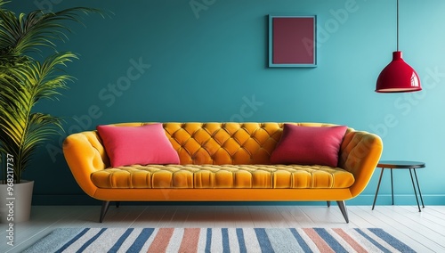 Brightly colored modern orange sofa with cushions in a stylish living room se...