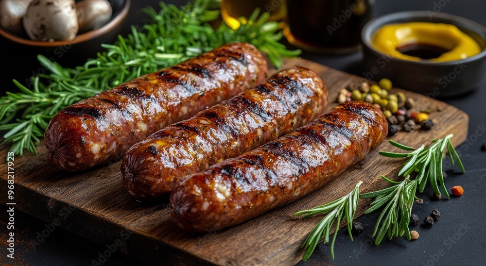 Grilled sausages served on a wooden board with fresh herbs and mushrooms in the background Grilled sausages served on a wooden board with fresh herbs and mushrooms in the background