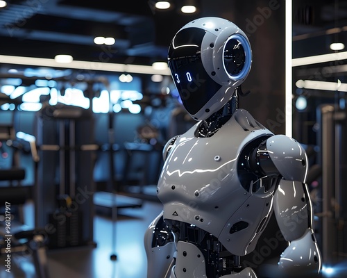 A futuristic robot stands in a modern gym, showcasing advanced technology and design in a sleek environment.