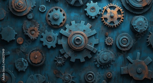 An intricate arrangement of vintage gears on a blue backdrop highlighting mec...