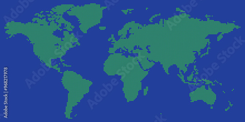 World map vector with green on blue colored round dotted