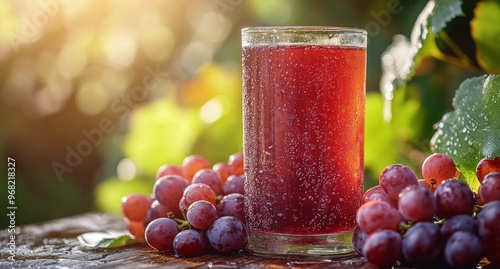 Refreshing sparkling grape juice served in glass beside fresh grapes in a sun...