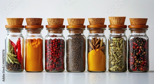 Assorted spice jars filled with colorful ingredients displayed on a white bac...