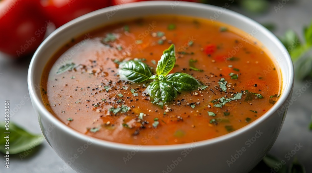Freshly made tomato basil soup garnished with herbs and spices in a white bowl Freshly made tomato basil soup garnished with herbs and spices in a white bowl