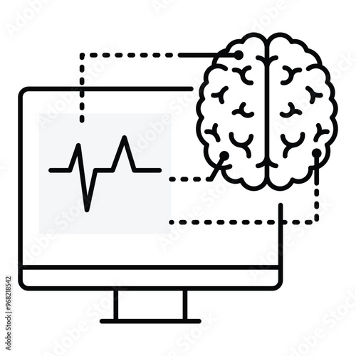 Brain Computer icon. Brain connected to a computer, symbolizing neural interaction. 