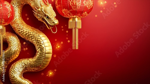 Chinese New Year, year of the snake. Chinese snake on a red background, with copy space