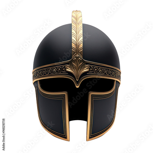 A detailed black and gold Spartan helmet, symbolizing ancient warfare and heroic valor, perfect for historical or fantasy themes. transparent background photo