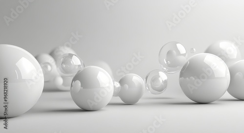 White spheres scattered on a smooth surface in a minimalist interior design s...