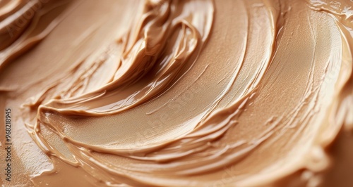 Creamy beige foundation applied on a surface showcasing texture and rich colo...