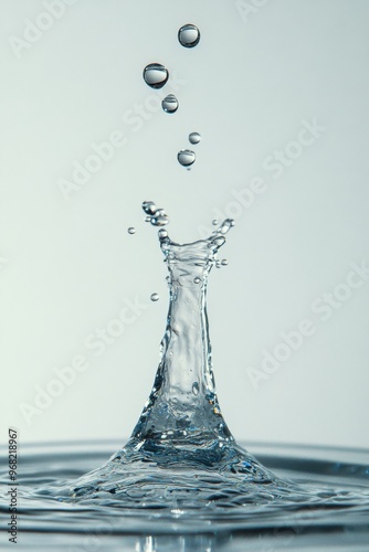 Water droplets create a stunning splash formation in a calm pool during brigh...