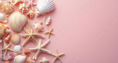 Colorful seashells and starfish arranged artistically on a soft pink background