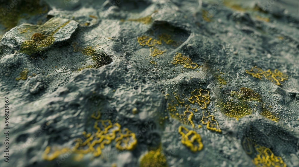 Detailed close-up of textured rocky surface with yellow-green lichen growing during daylight in a natural outdoor setting Detailed close-up of textured rocky surface with yellow-green lichen growing during daylight in a natural outdoor setting