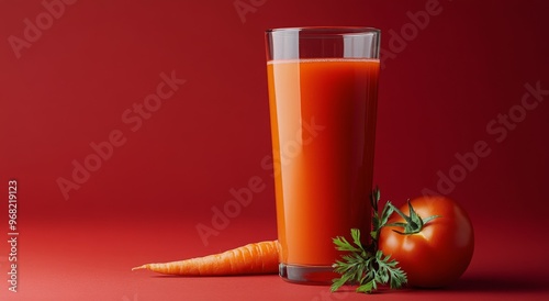 Freshly prepared carrot and tomato juice served in a clear glass against a vi...