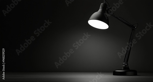 A black desk lamp illuminating a dark workspace in a minimalistic setting at ...