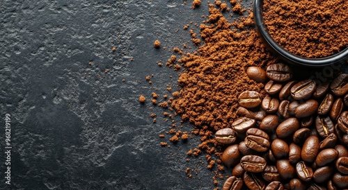 Dark roasted coffee beans and grounds on a textured black surface in a cozy k...