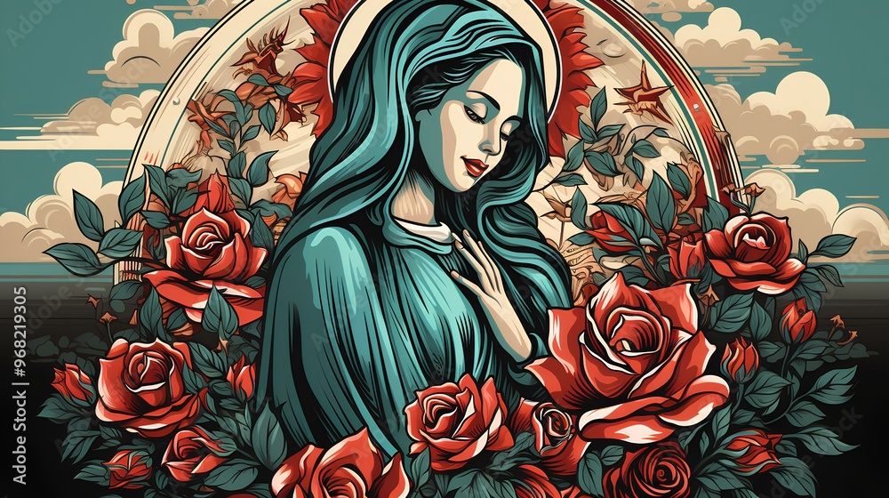 Virgin of Guadalupe, illustration on a beige background, December 12 in the Basilica of Guadalupe Virgin of Guadalupe, illustration on a beige background, December 12 in the Basilica of Guadalupe