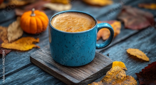 A cozy autumn morning with a blue mug of coffee, pumpkins, and fallen leaves ...