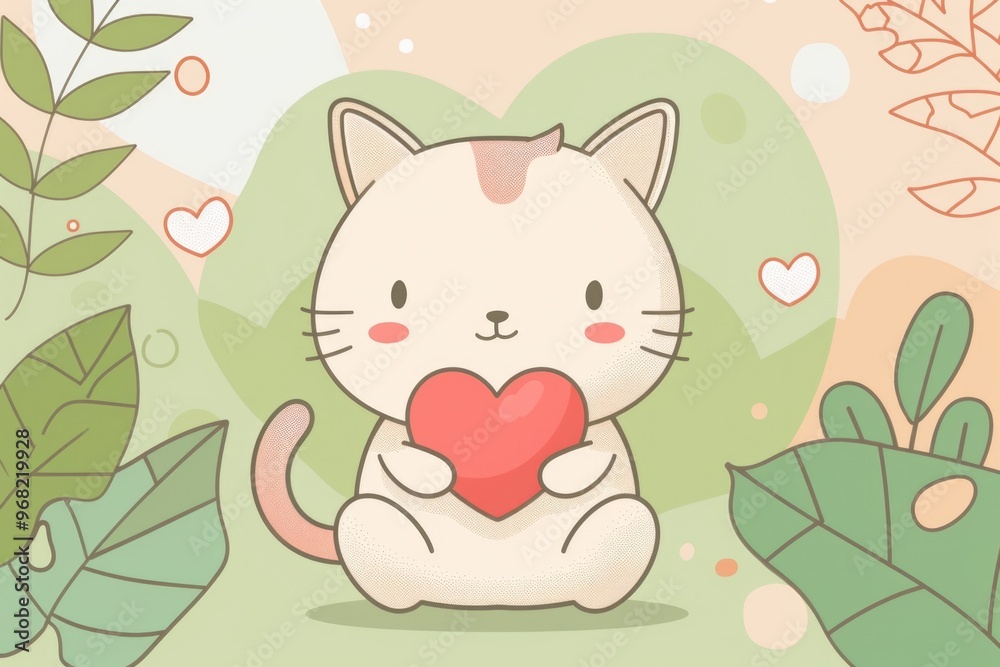 Cute cartoon cat with heart surrounded by leaves for valentine's day theme. AI Cute cartoon cat with heart surrounded by leaves for valentine's day theme. AI