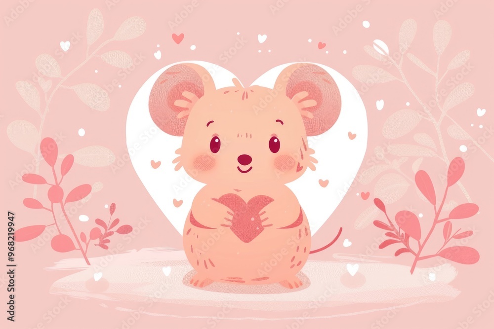 Cute valentine's day mouse holding heart with pink floral background. AI Cute valentine's day mouse holding heart with pink floral background. AI