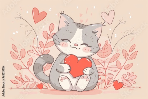 Cute cat holding heart in valentine's day illustration - adorable animal love theme for february. AI